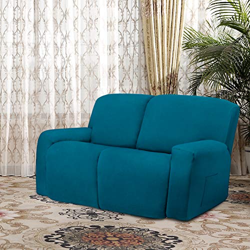 Image of Easy-Going 6 Pieces Stretch Sectional Recliner Sofa Slipcover Soft Fitted Fleece 2 Seats Couch Cover Washable Furniture Protector with Elasticity for Kid Pet (Recliner Loveseat,Peacock Blue)