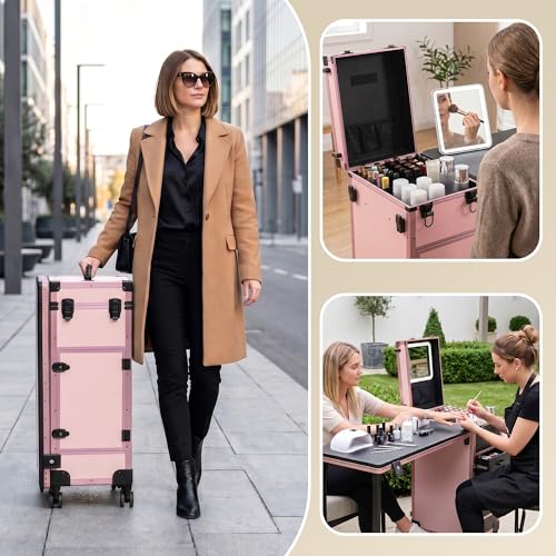 Image of Portable Manicure Table with 3 Drawers, Rolling Foldable Nail Desk with Detachable Mirror, Professional Makeup Train Case with Wheels and TSA Lock for Nail Techs & Salon Use