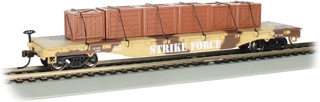 Bachmann Trains - 52’ Center Depressed Flat CAR - Desert Camouflage with CRATES - HO Scale