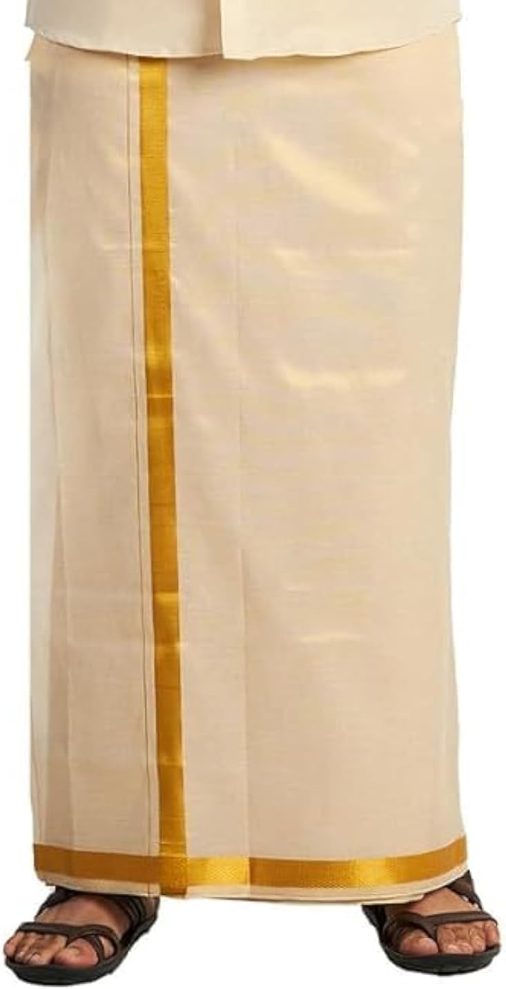 Kolakeer™ Men's Tissue Cotton Dhoti with Kasavu Zari Border - South Indian Dhoti Veshti Mundu