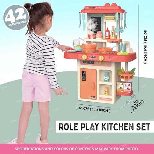 Image of Toys Kitchen Set for Kids Girls Big Cooking Set Light and Sound Pretend Play Toy Battery Operated with Accessories,Pink