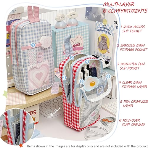 Image of Cute Pen case Adorable Bunny Transparent 3-Layer Large Capacity Pencil Case Gadget organizer with Lovely Stickers (Black Plaid)