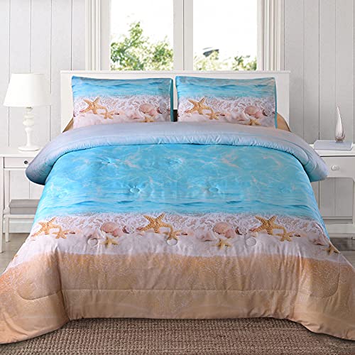 A Nice Night Boho Bohemian Comforter Set, Sand Star Ocean Beach Printed, Soft Microfiber Queen Bedding Set,Blue Queen