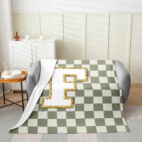 Image of Erosebridal Sage Green Checkered Flannel Blanket Plaid Initial F Fuzzy Plush Throw Personalized Monogram Fleece Blanket for Kids Boys Girls,Fashion Grids Gingham Decor for Bed Couch Queen 90 inchx90 inch