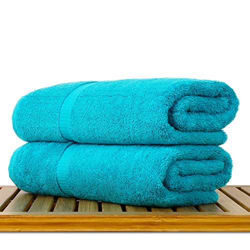 Image of BC BARE COTTON Luxury Hotel & Spa Towel Turkish Cotton Bath Towels - Aqua Blue - Dobby Border - Set of 2