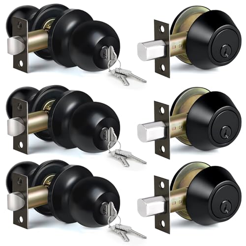 3 Pack BESTTEN Exterior Door Knob with Key Lock and Deadbolt, Keyed Alike