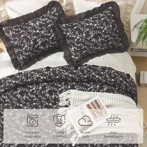 Image of Litanika Floral Ruffle Full Size Comforter Set, 3 Pieces Purple Farmhouse Aesthetic Soft Lightweight Fluffy Bedding Comforter Sets for Girls Women, All Season (79x90In Comforter, 2 Pillowcases)