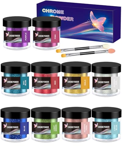 Luckymica Poudre Chromée 10 Couleurs – Pigment Effet Miroir Métallique, Poudre Holographique pour Ongles, Résine Époxy, Gobelets, Slime & Loisirs...