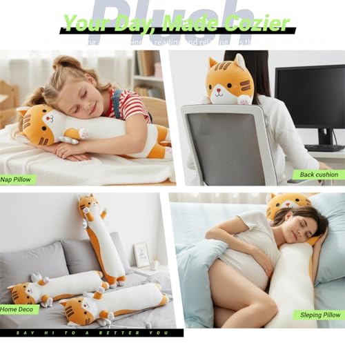 Image of Long Cat Plush Pillow, Cute Cat Stuffed Animal Body Pillow with Wings, Soft Kawaii Kitty Hugging Pillow, Christmas Valentine's Birthday Gift for Kids Girls Boys (Yellow, 110cm /43.31in)