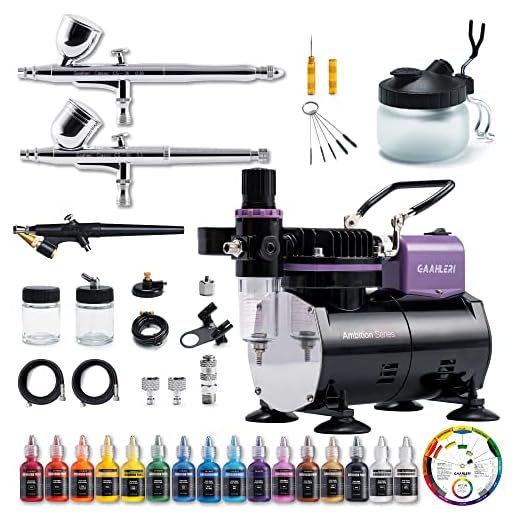 Gaahleri Airbrush Kit with Air Compressor & 3 Airbrushes Gun Precision, 1/5 HP & 16 Primary Airbrush Paint Acrylic Colors, for Painting & Decorating Total Guide Multi-Function