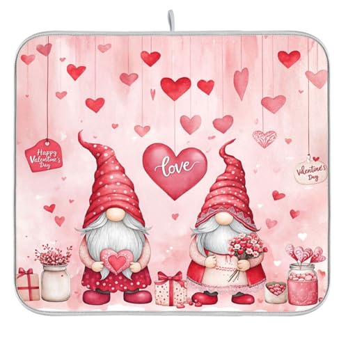 Valentine’s Day Gnomes Dish Drying Mat for Kitchen Countertop 16x18 Pink Love Heart Pink Small Drying Mat Reusable Quick Dry Dish Sink Mats Easy Clean Decorative Essentials