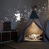 ilka parey wandtattoo-welt Leuchtsticker Sternenhimmel Leuchtaufkleber Wandtattoo mit Elfe Fee Sterne & Punkte Set 117 Stück fluoreszierend M2213