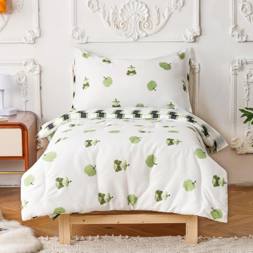 Image of Luxlovery Toddler Comforter Set Cartoon Apple Printed Crib Bed Set Gils Kids Green Cute Bedding Set for Dorm 4 Pieces (1 Comforter, 1 Flat Sheet, 1 Fitted Sheet, 1 Pillowcase)