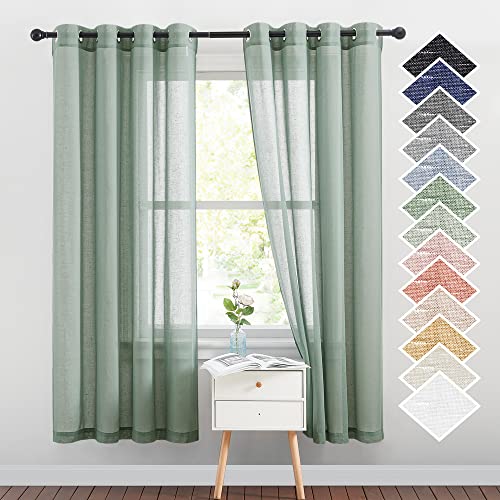 NICETOWN Linen Blend Flax Semi Sheer Window Curtains, Grommet Vertical Drapes Privacy with Light Through for Bedroom/Living Room, Olive Green, W52 x L72, 2 Pieces