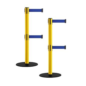 CCW Set of 2 Stanchion Retractable Belt Barriers, Low Profile Base 7.5 Foot Belt, Dark Blue Dual Belt with Yellow Post