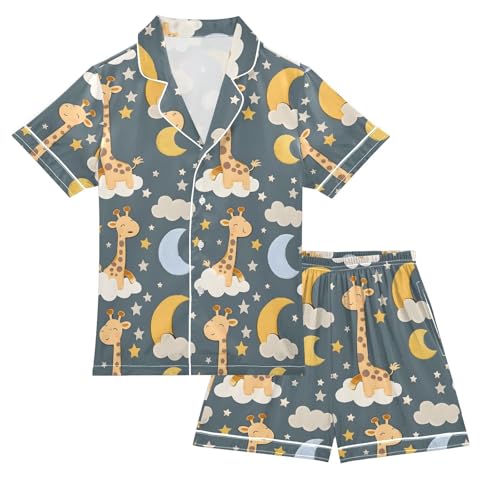 ALAZA Giraffe Starry Moon Pajamas Satin Pajama Set Short Sleeve Button Down Sleepwear