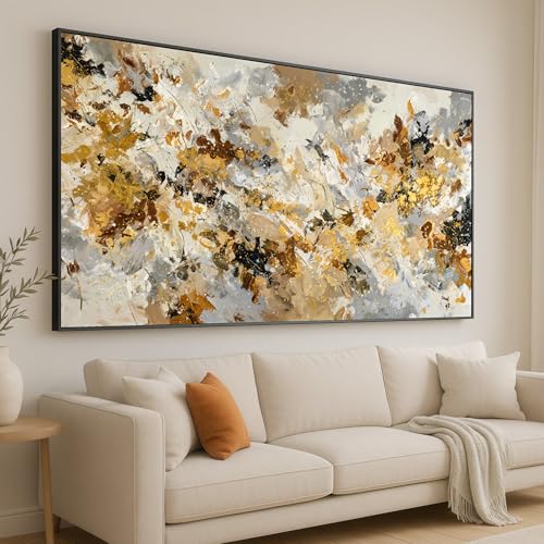 Tableau abstrait sur toile haut de gamme décoration contemporaine or et blanc
