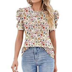 Ivicoer Puff Short Sleeve Shirt for Women Eyelet Tops Summer Crewneck Blouse Loose Fit S-XXL