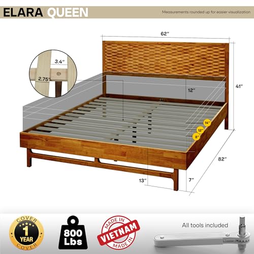 Image of Acacia Elara Queen Platform Bed Frame - Mid-Century Modern Style, Carved Headboard, Solid Wood, Caramel Finish, No Box Spring, 800lbs Support, Easy Assembly with Tools Included