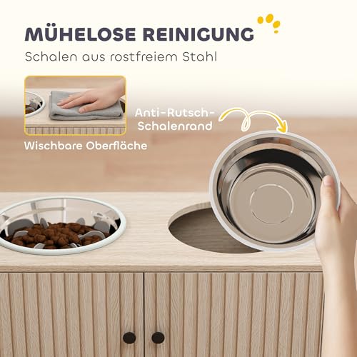 PawHut Hundenapf erhöht Futternapf mit Aufbewahrungsschrank, 2x2L Schüsseln mit Anti-Rutsch-Ringe, rutschfest Futterstation mit Langsamfutternapf für große Hunde Eiche