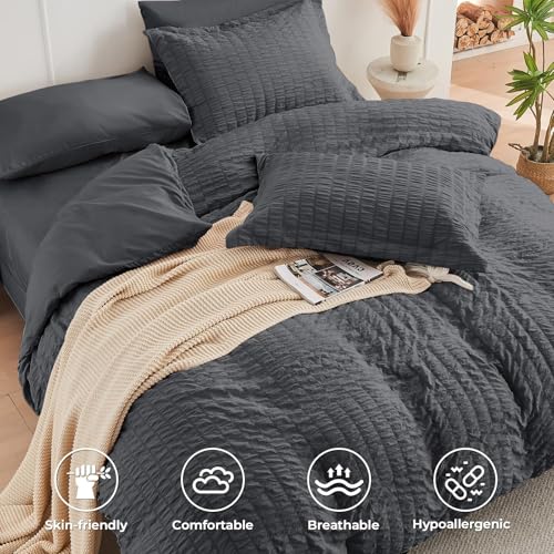 Image of HYMOKEGE Oversized Queen Comforter Set Seersucker 7 Pieces, All Season Luxury Bed in a Bag for Bedroom, Bedding Set with Comforter, Sheets, Pillowcases & Shams, Dark Grey