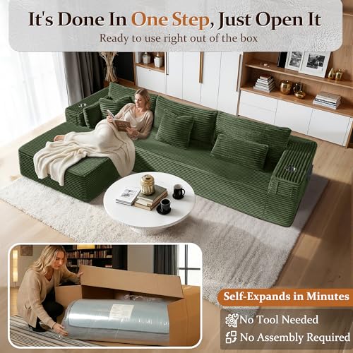 Image of 108 inch Cloud Sectional Couch, Comfort L Shaped Boneless Couch for Living Room, Extra Deep Seats No Assembly, Minimalist Modular Sofa, Corduroy (Olive Green, 2 Seater+Right Facing Chaise)