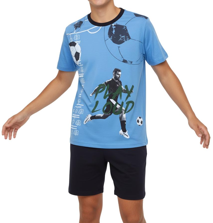 Jungen Schlafanzug kurz, weicher Single-Jersey aus 100% Baumwolle und Hose in Bermuda Form - mit Fussball Motiv Play Loud in blau Grösse 176