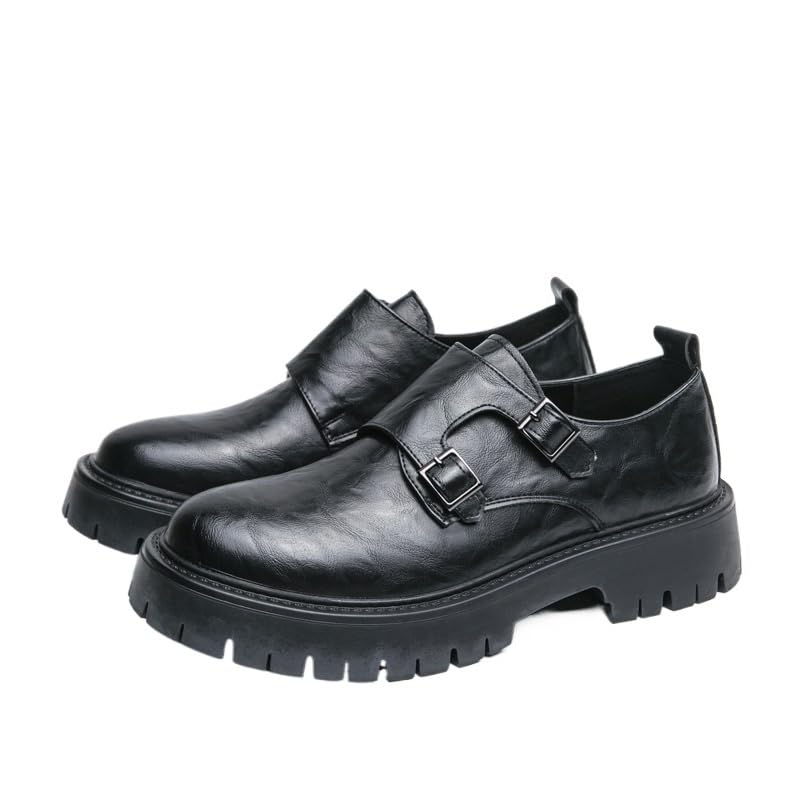 Double Monk Dress Oxford for Mens Wedding Office Classic Pu Leather Round Toe Slip Resistant Low Top Rubber Sole Non Slip Uniform Slip On