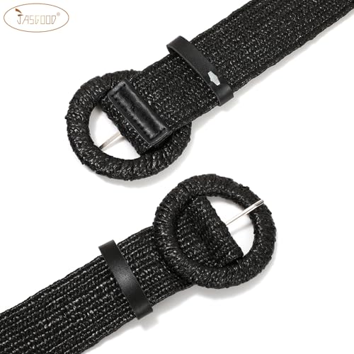 JasGood Stroh Geflochten Elastischer Gürtel für Damen Breiter Taillengürtel Rattan Gewebter Boho Gürtel für Kleider,Schwarz,110cm