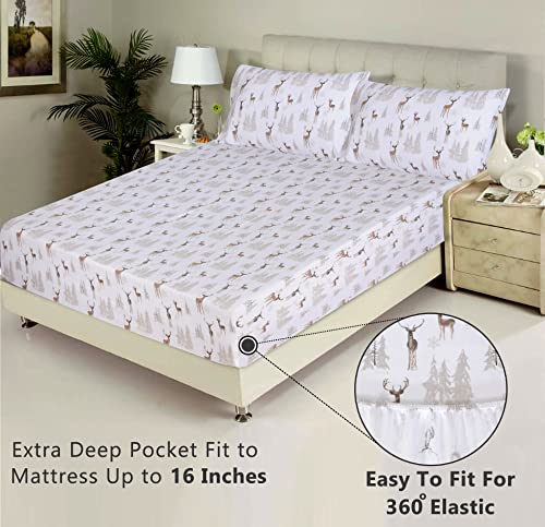 Ruvanti Flannel Sheets Full Size - 100% Cotton Brushed Flannel Bed Sheet Sets - Deep Pockets 16 Inches (Fits Up To 18") - All Seasons Breathable & Super Soft - Warm & Cozy - 4 Pcs - Brown Deer #TOP3