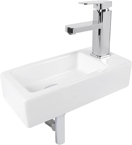Fregadero de cerámica Liberty de montaje en pared, lavabo de baño pequeño rectangular, aspecto clásico y ahorra espacio, mano derechaizquierda (mano