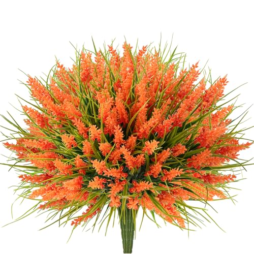 20 Bundles Artificial Plants Outdoor, UV Resistant Fake Flowers, Realistic Faux Lavender Shrubs for Porch Garden Window Box Home Decoration (Orange)