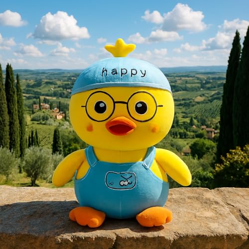 Image of Duck Plush Toy, Yellow with Blue Overalls, Glasses and Cap, Soft Stuffed Animal, 30 cm (Yellow Blue)