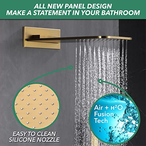 Vanfoxle Shower Faucet Set Brushed Gold Shower System,Push Button Diverter Shower Faucet With 2 In 1 Handheld,Wall Mount 22 * 10 Inch Shower Head With 4 Pcs Body Jets(Rough-In Valve Body And Trim) #TOP3