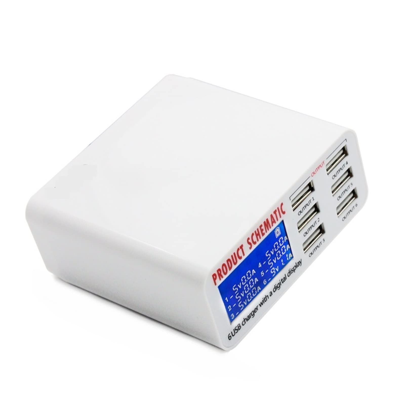 Stacja ładowania, Ładowarka USB, 6A z cyfrowym wyświetlaczem LCD 6-portowa szybka inteligentna stacja ładująca do tabletów telefonicznych smartfonów, użytku w biurze domowym(899)