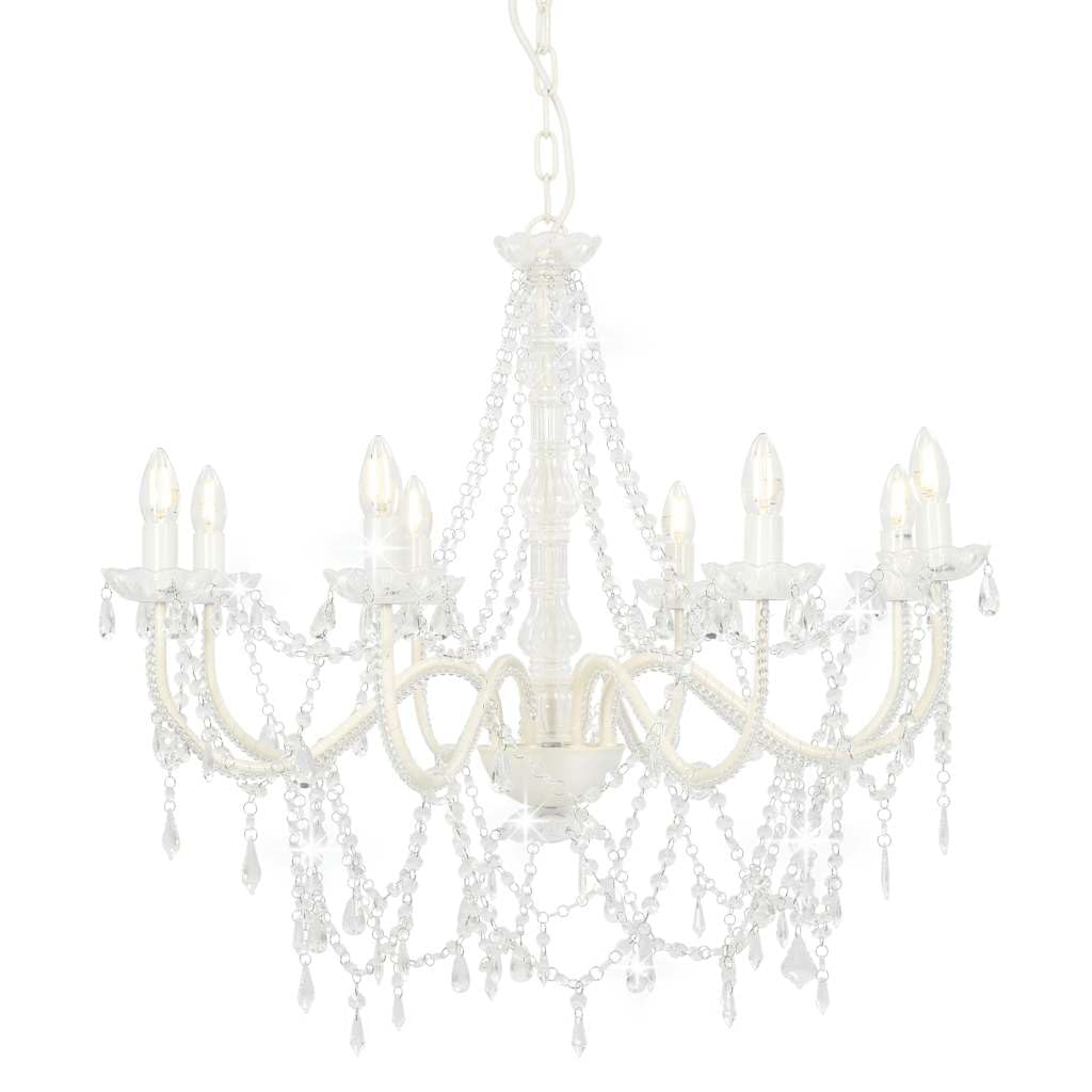 vidaXL Chandelier with Crystal Beads 8X E14 Bulbs Metal Frame Acrylic Beads Stunning Ceiling Lamp Pendant Light Hallway Living Room White