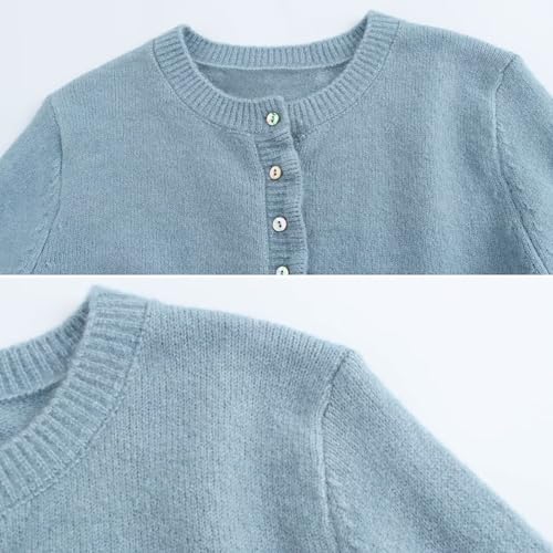 Image of FindThy Women's Cropped Cardigan Sweater Trendy Crewneck Ruffle Long Sleeve Button Down Knitwear Tops