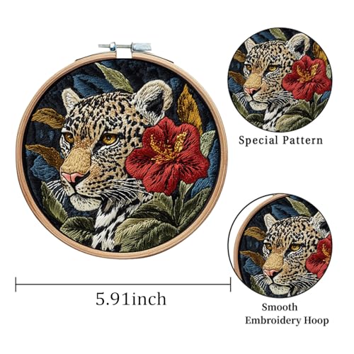 Image of LB Red Floral Embroidery Kit for Beginners Adults, 3 Sets Hand Embroidery Starter Kit with Tiger Pattern and Instructions Stamped Cross Stitch Kits Include Embroidery Hoop Needles Threads Scissors