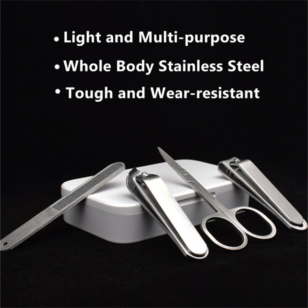 Oblique Flat Nail Clipper Set, Stainless Steel Toenail Cutter & Manicure Trimmer Kit, Portable Nail Repair Scissors with Earpick, 4-Piece Pedicure Set