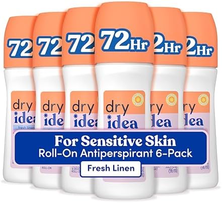 Dry Idea Fresh Linen Roll On Deodorant & Antiperspirant for Women - for Sensitive Skin, 2X Longer Sweat Protection, 72Hr Odor Control, Womens Deodorant, 3.25oz (Pack of 6)