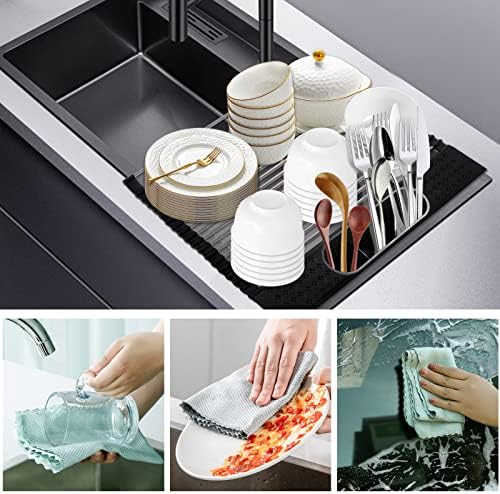 Roll Up Dish Drying Rack (44 x 40cm)Kitchen Over Sink Dish Drainer Stainless Steel Sink Drainer rack Foldable Draining Rack with 4 Fish Scale Cloths, Green