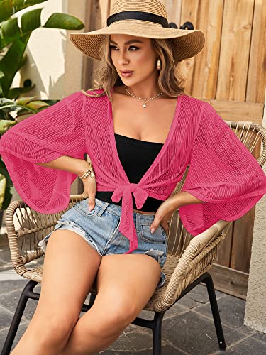 Zaful Women's Cropped Bolero Sheer Shrugs For Dress Short Sleeve Tie Front Cardigan Hot Pink L #TOP6