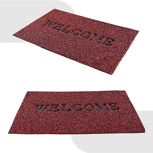 Image of Kuber Industries Pack of 4 Anti-Slip Welcome Print Grass Door Mats for Home| (16x24 Inch) Main Entrance Footmats for Bathroom, Living Room & Office | Grass Cut -Red & Green