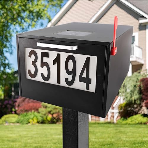 Image of Black Post Mount Mailbox | 2 Lighting Modes, Solar Numbers Light, Large Capacity, Infrared Sensor Illuminated at Night, Iron Numbers