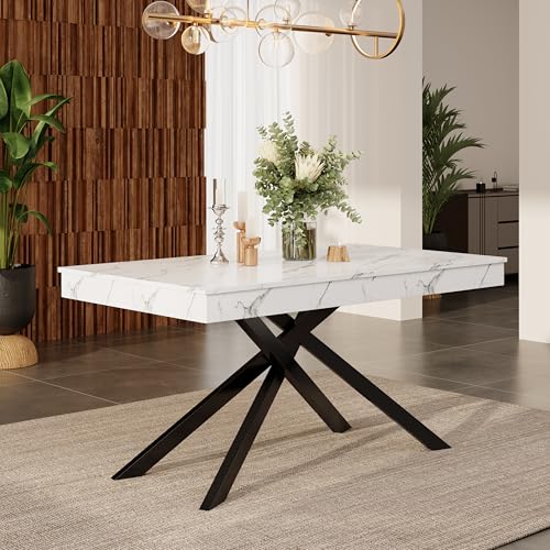 Merax Esstisch ausziehbar 140-180 * 80 * 76 cm, moderner einfacher rechteckiger Esstisch für 6-8, verdickte Tischplatte, Metallbeine, für Esszimmer Küche Wohnzimmer, Marmorstruktur Weiß