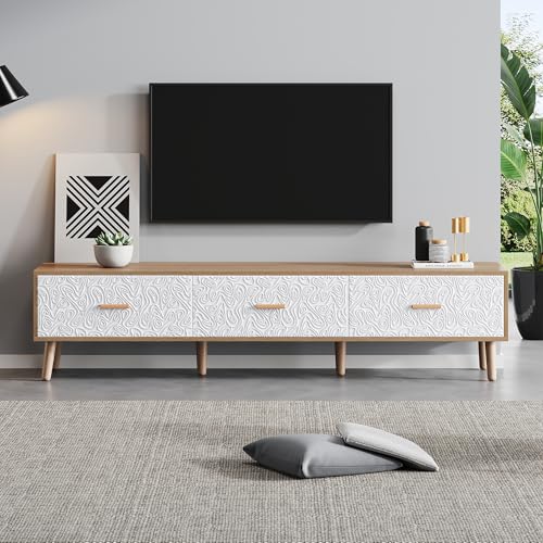 WASAGA Mueble de TV de madera con madera clara, grano vintage, panel bajo, vintage, panel blanco, para salón, dormitorio, 150 x 35 x 39 cm