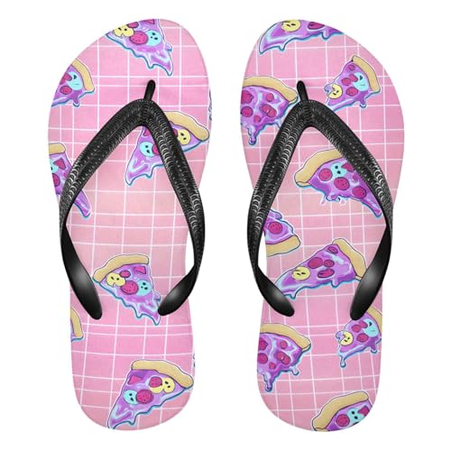 ALAZA Pink Grid Neon Pizza Flip Flops for Women Fashion Beach Slippers Comfort Mens Flip Flops Non-Slip Rubber Shower Slippers Sandal for Hotel Travel Sport,XS