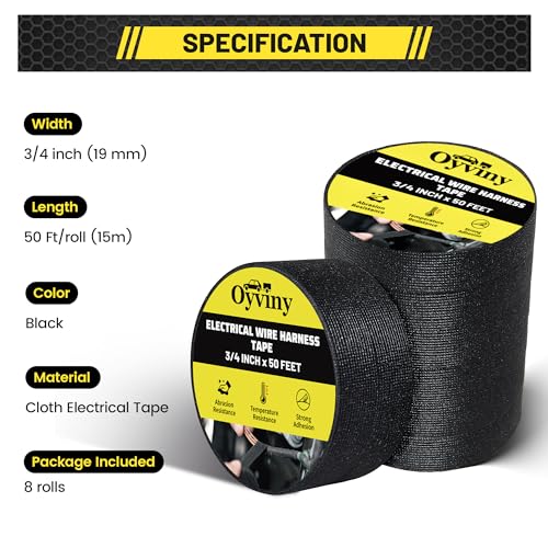 Image of Oyviny Wire Harness Cloth Tape 3 /4-Inch by 50-Foot (8 Rolls), Self-Adhesive Fabric Tape for Automotive Engine and Electrical Wiring Harness Noise Damping, High Temp Wire Loom Tape