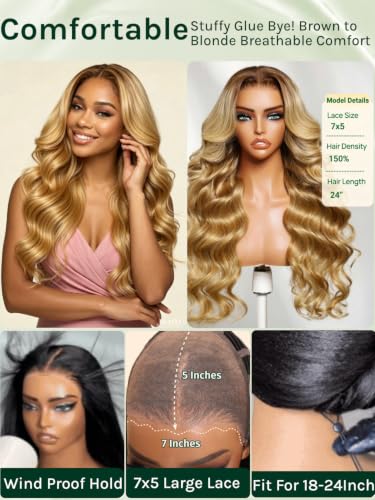 Image of KLAIYI Bye Bye Slip Ombre Honey Blonde Loose Body Wave Precut 7X5Lace Front Human Hair Wig with Brown Roots Drawstring Glueless Ready to Wear and Go Wig Face Framing Pre Plucked Bleached Knots 20Inch