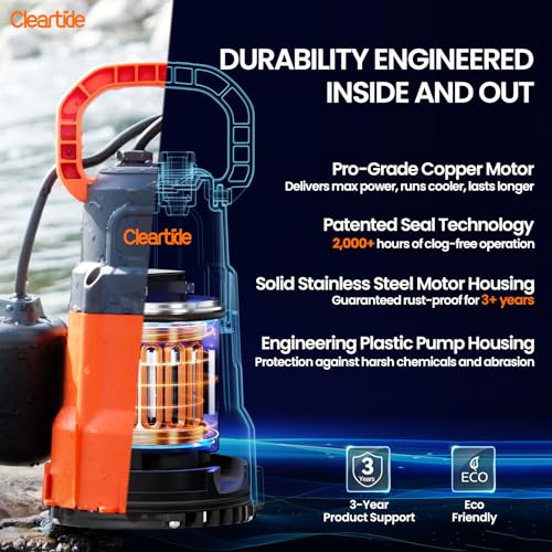 Image of Cleartide Submersible Utility Pump with Float Switch, 2160 GPH High Flow, Water Pump with Copper Motor, Ideal for Yard and Flooded Cellar, Hot Tub, Garden Irrigation